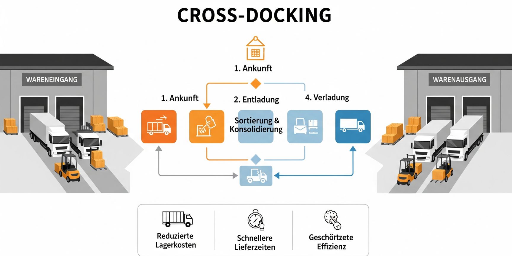 Infografik, die den Cross-Docking-Prozess mit den Schritten Wareneingang, Sortierung, Konsolidierung und Warenausgang erklärt